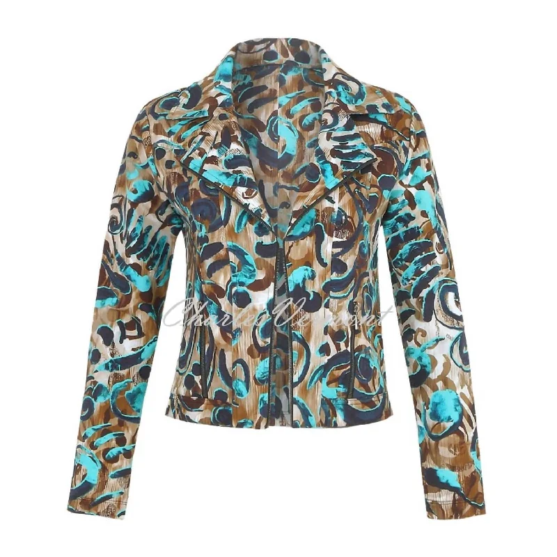 Women's Vintage-Inspired Clothing Knit Abstract Moto Jacket In Brown, Aqua, Multi
